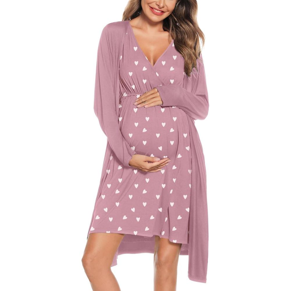 imageSWOMOG Women Maternity Nursing Gown and Robe Set 3 in 1 Labor Delivery Nursing Nightgown for Breastfeeding Hospital BathrobeTaro Purple Heart