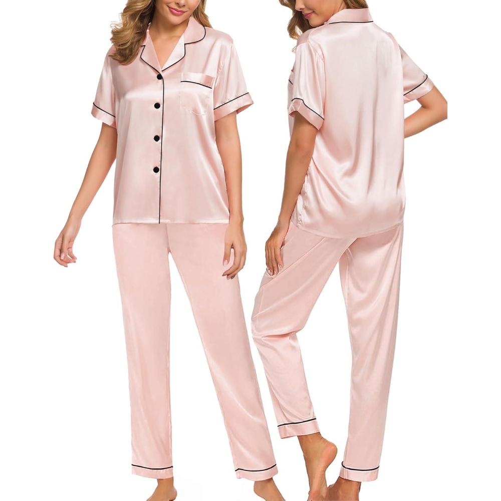 imageSWOMOG Women Satin Pajamas Set Short Sleeve Top amp Pants Sleepwear Silky Button Down Nightwear 2pcs Loungewear Pjs SetBlush Pink