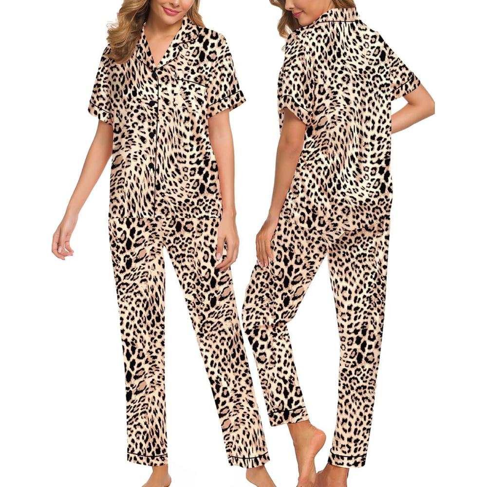 imageSWOMOG Women Satin Pajamas Set Short Sleeve Top amp Pants Sleepwear Silky Button Down Nightwear 2pcs Loungewear Pjs SetBrown Leopard