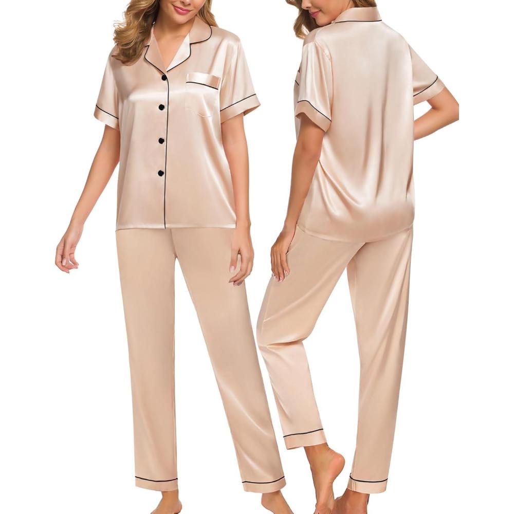 imageSWOMOG Women Satin Pajamas Set Short Sleeve Top amp Pants Sleepwear Silky Button Down Nightwear 2pcs Loungewear Pjs SetChampagne