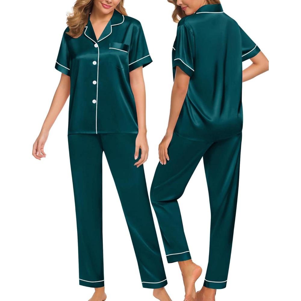 imageSWOMOG Women Satin Pajamas Set Short Sleeve Top amp Pants Sleepwear Silky Button Down Nightwear 2pcs Loungewear Pjs SetDeep Green
