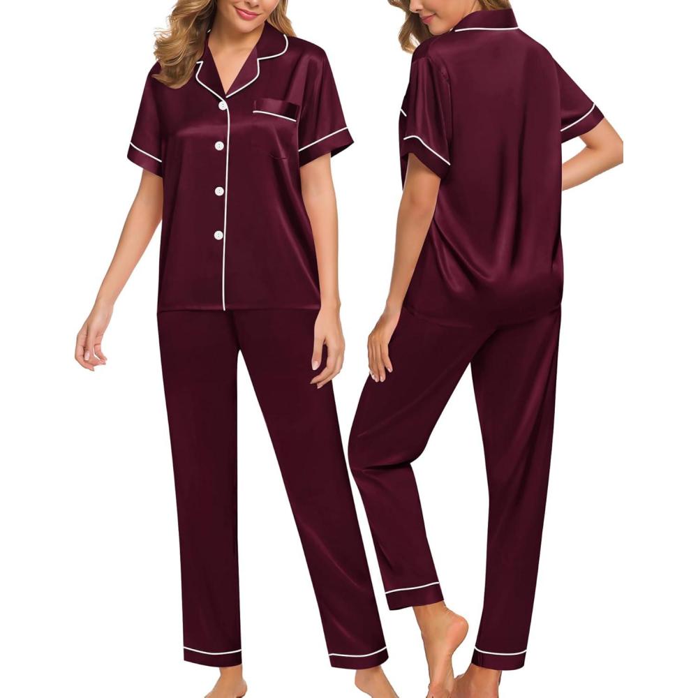 imageSWOMOG Women Satin Pajamas Set Short Sleeve Top amp Pants Sleepwear Silky Button Down Nightwear 2pcs Loungewear Pjs SetDeep Wine Red