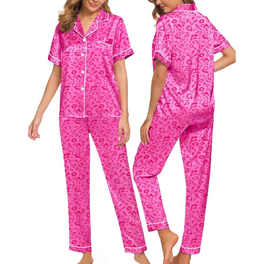 imageSWOMOG Women Satin Pajamas Set Short Sleeve Top amp Pants Sleepwear Silky Button Down Nightwear 2pcs Loungewear Pjs SetHot Pink Leopard