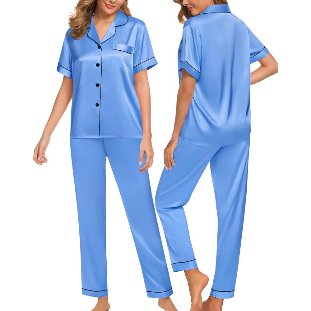 imageSWOMOG Women Satin Pajamas Set Short Sleeve Top amp Pants Sleepwear Silky Button Down Nightwear 2pcs Loungewear Pjs SetMarina Blue