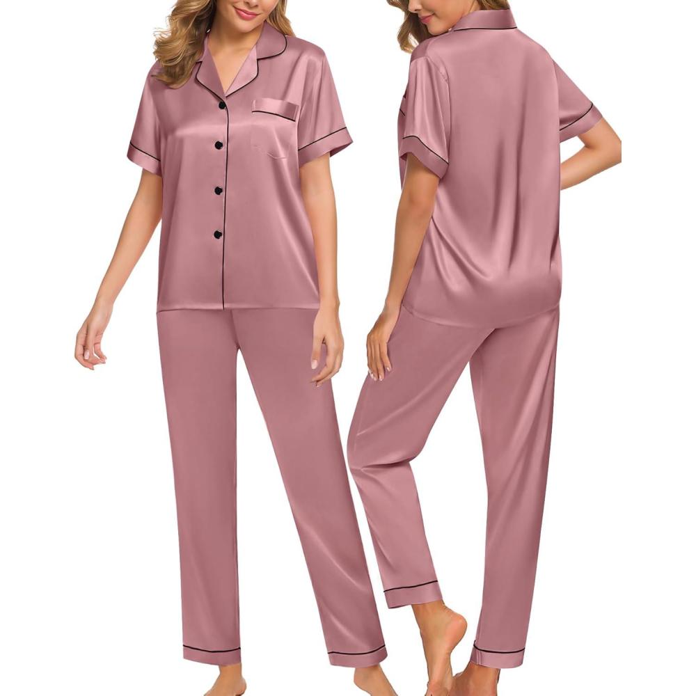 imageSWOMOG Women Satin Pajamas Set Short Sleeve Top amp Pants Sleepwear Silky Button Down Nightwear 2pcs Loungewear Pjs SetMisty Rose