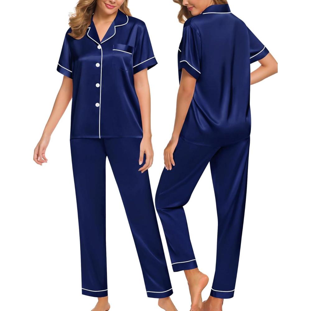 imageSWOMOG Women Satin Pajamas Set Short Sleeve Top amp Pants Sleepwear Silky Button Down Nightwear 2pcs Loungewear Pjs SetNavy Blue