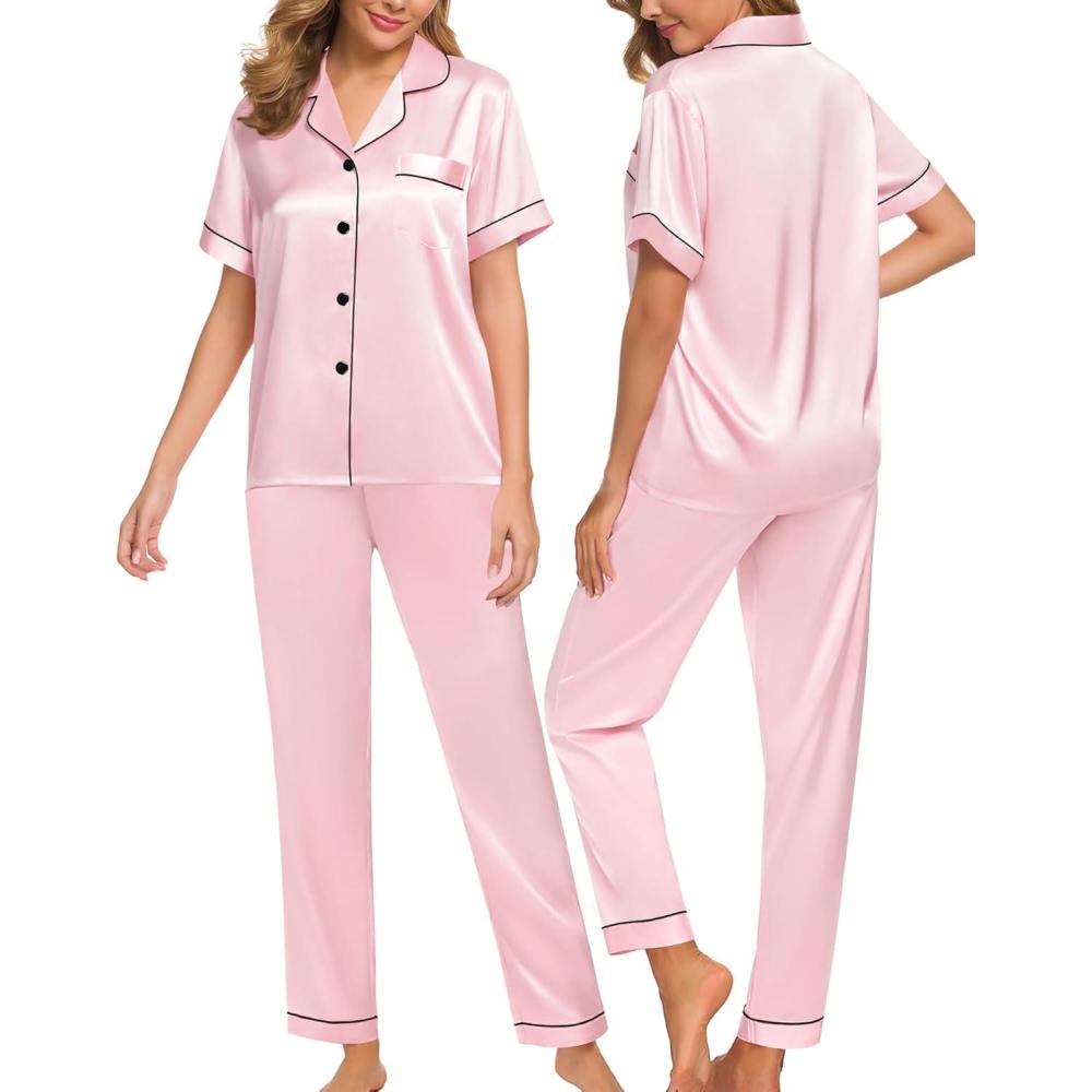 imageSWOMOG Women Satin Pajamas Set Short Sleeve Top amp Pants Sleepwear Silky Button Down Nightwear 2pcs Loungewear Pjs SetPink