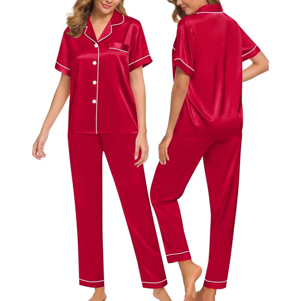 imageSWOMOG Women Satin Pajamas Set Short Sleeve Top amp Pants Sleepwear Silky Button Down Nightwear 2pcs Loungewear Pjs SetRed