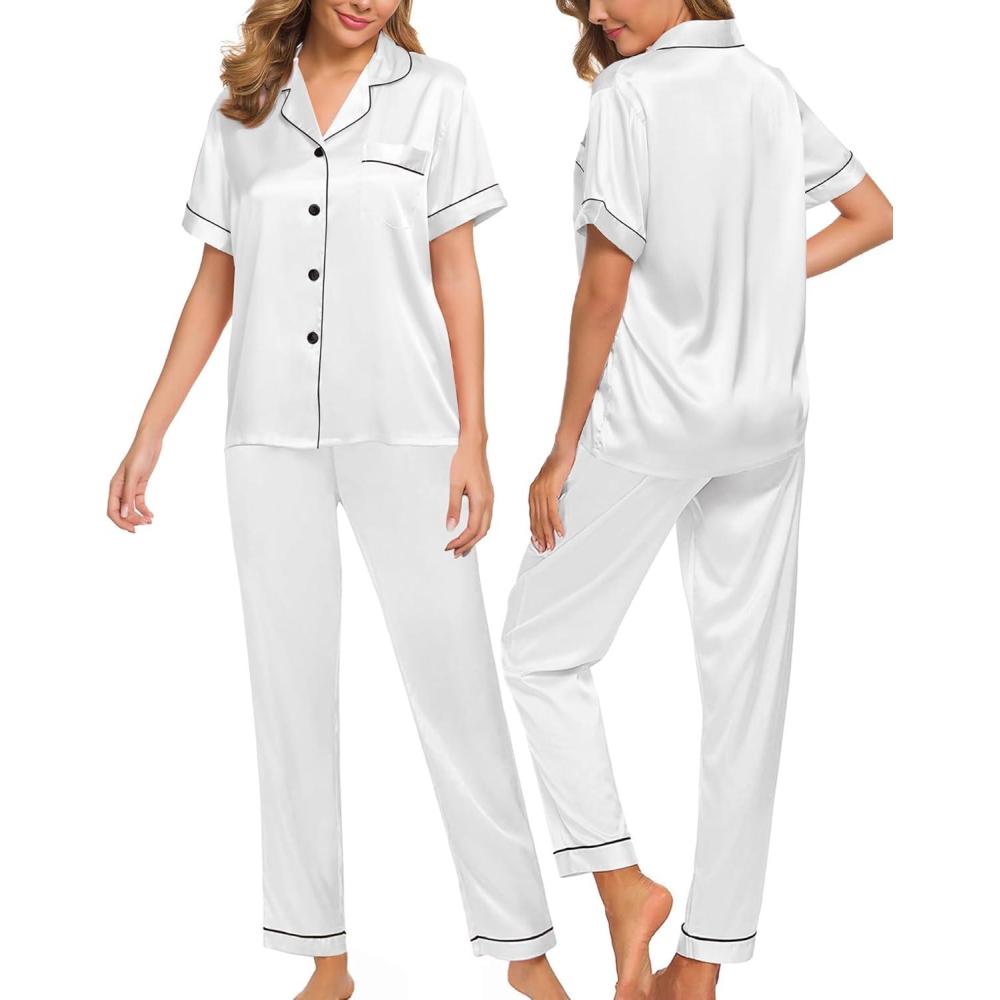imageSWOMOG Women Satin Pajamas Set Short Sleeve Top amp Pants Sleepwear Silky Button Down Nightwear 2pcs Loungewear Pjs SetWhite