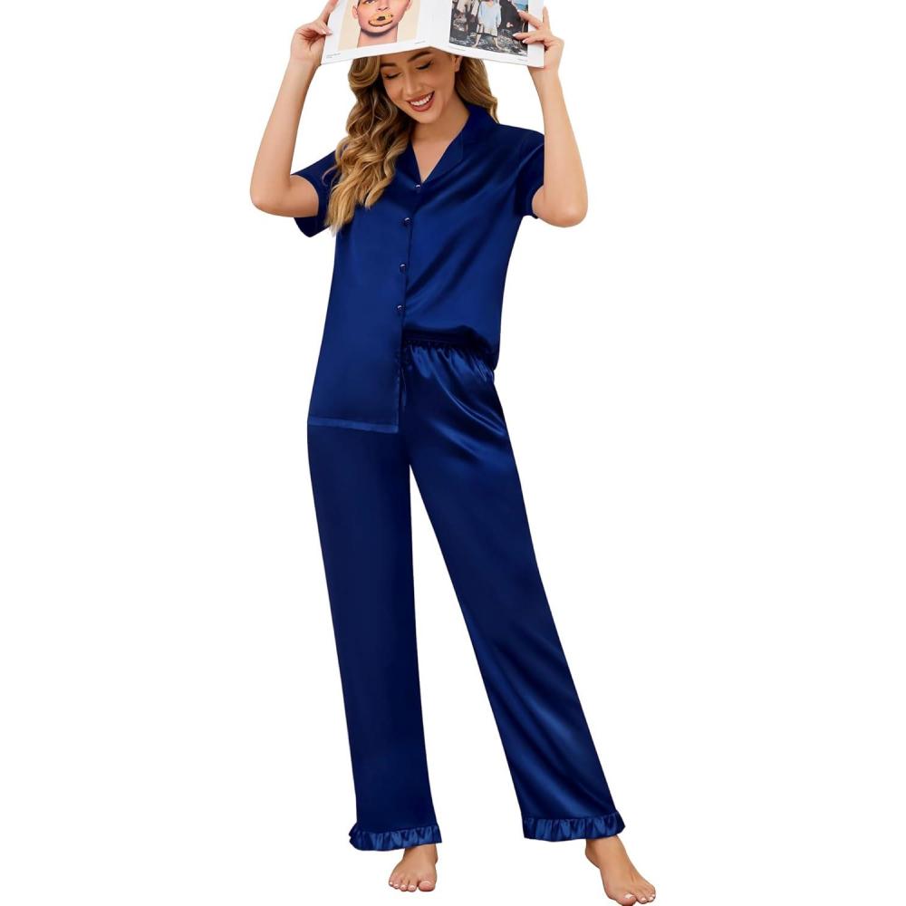 imageSWOMOG Women Satin Pajamas Set Short Sleeve Top amp Pants Sleepwear Silky Button Down Nightwear 2pcs Loungewear Pjs SetZnavy Blue