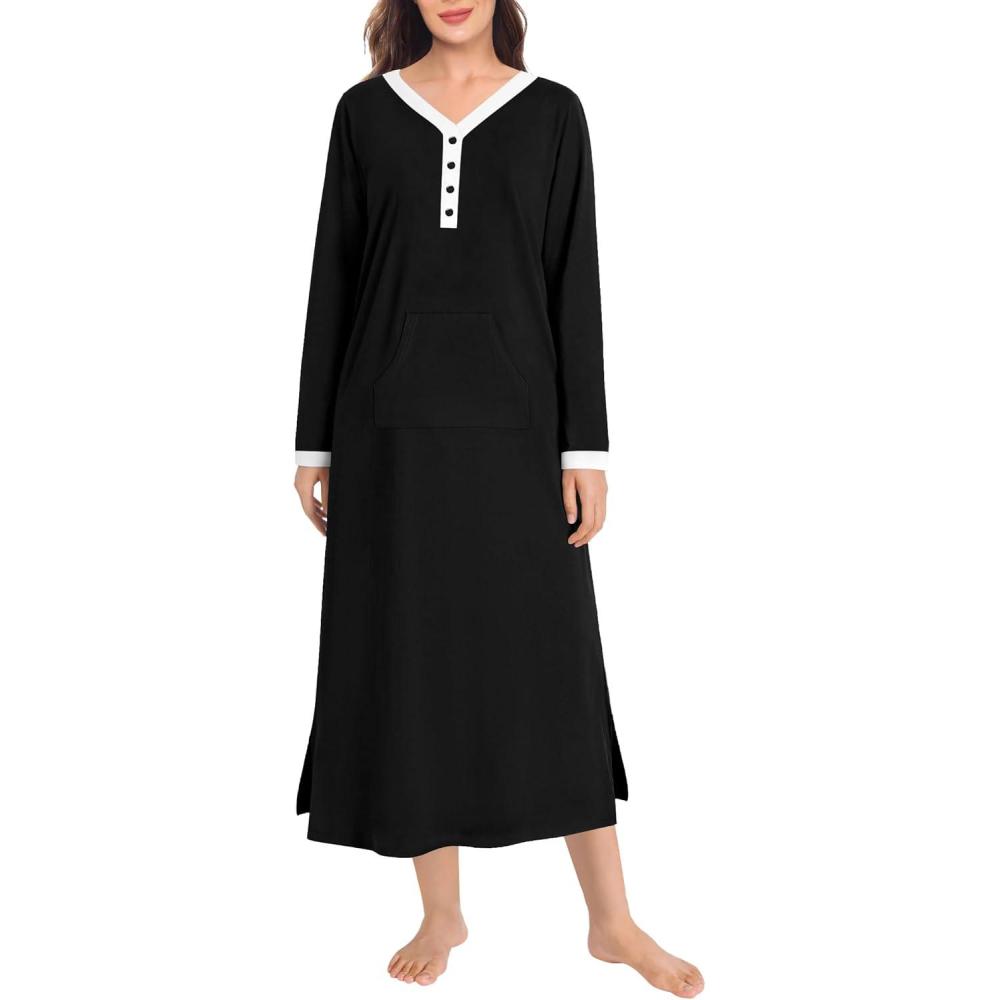 imageSWOMOG Womens Nightgown Long Sleeve Sleep Shirts Oversized Sleep Dress Long Soft Housecoat With PocketsBlack