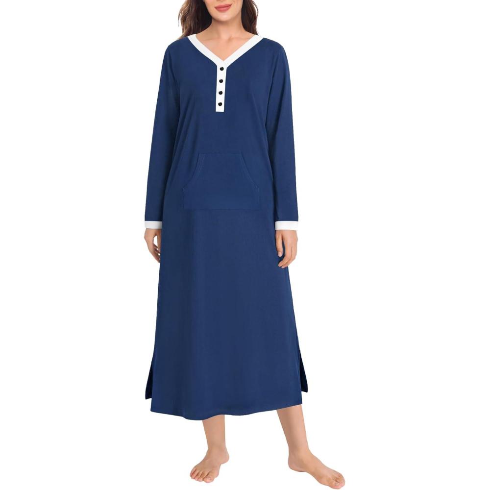 imageSWOMOG Womens Nightgown Long Sleeve Sleep Shirts Oversized Sleep Dress Long Soft Housecoat With PocketsNavy Blue