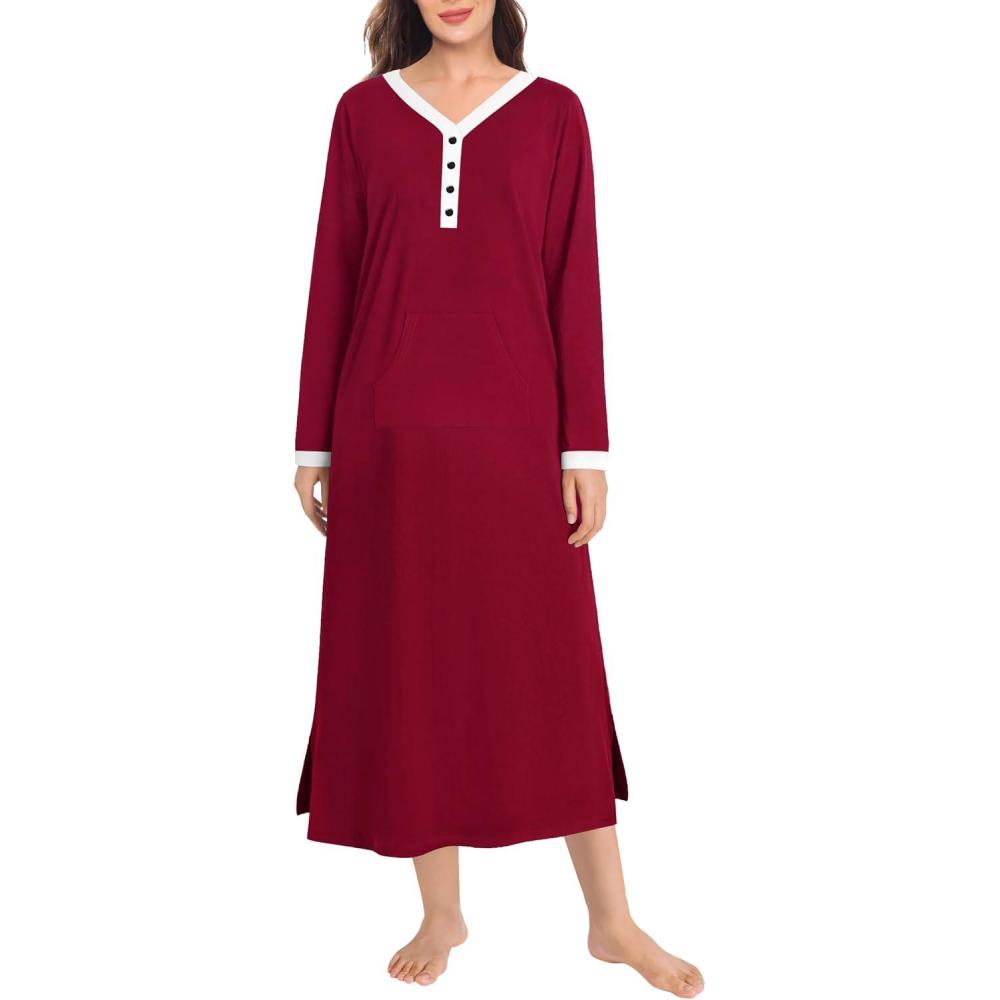 imageSWOMOG Womens Nightgown Long Sleeve Sleep Shirts Oversized Sleep Dress Long Soft Housecoat With PocketsWine Red