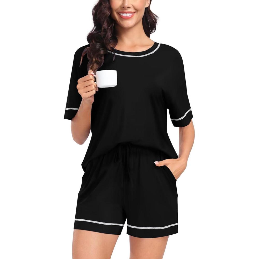 imageSWOMOG Womens Pajama Sets 2 Piece Short Sleeve Sleepwear Sets Soft Top and Shorts Pjs Lounge Sets with Pockets SXXLModalblack