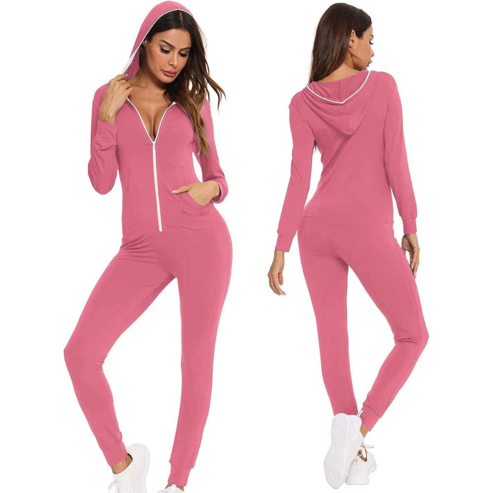imageSWOMOG Womens Pajamas Jumpsuits Zipup Hoodie Union Jumpsuit Romper Long Sleeve Sexy Onesie Bodysuits One Piece SleepwearCoral