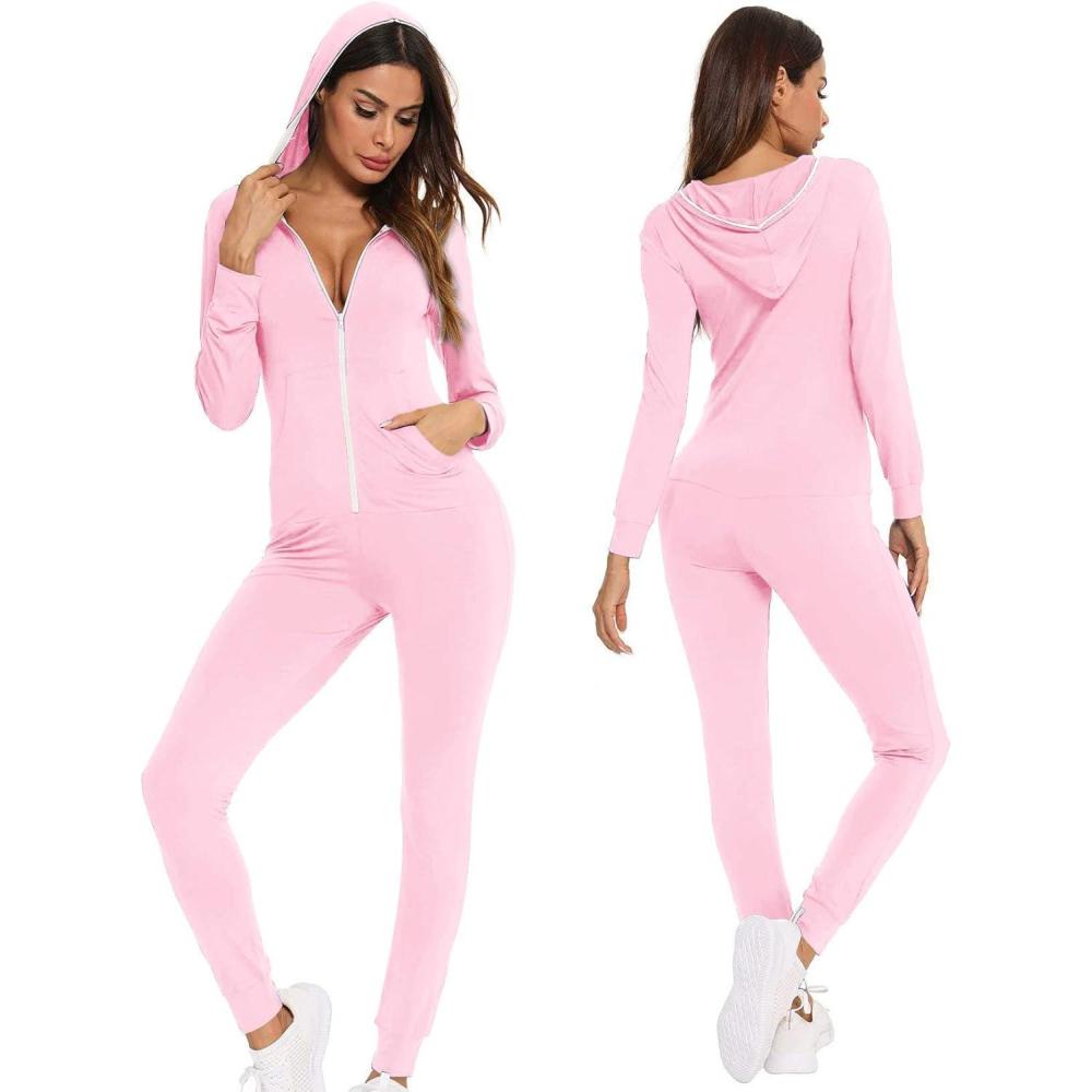 imageSWOMOG Womens Pajamas Jumpsuits Zipup Hoodie Union Jumpsuit Romper Long Sleeve Sexy Onesie Bodysuits One Piece SleepwearPink