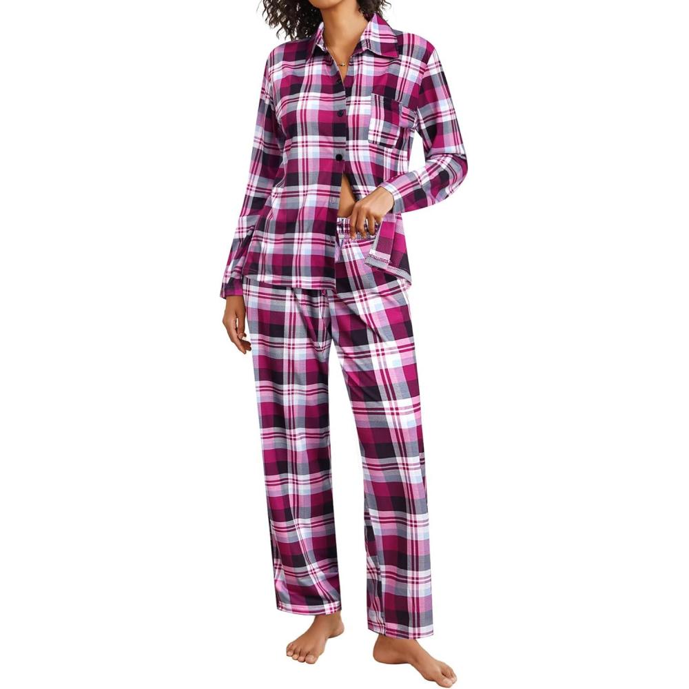 imageSWOMOG Womens Pajamas Set Long Sleeve Sleepwear Button Down Nightwear Soft Cotton Pj Lounge SetsBerry Plaid