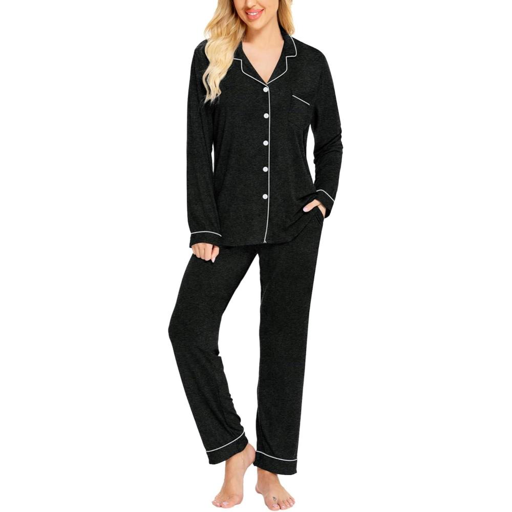imageSWOMOG Womens Pajamas Set Long Sleeve Sleepwear Button Down Nightwear Soft Cotton Pj Lounge SetsBlack Grey