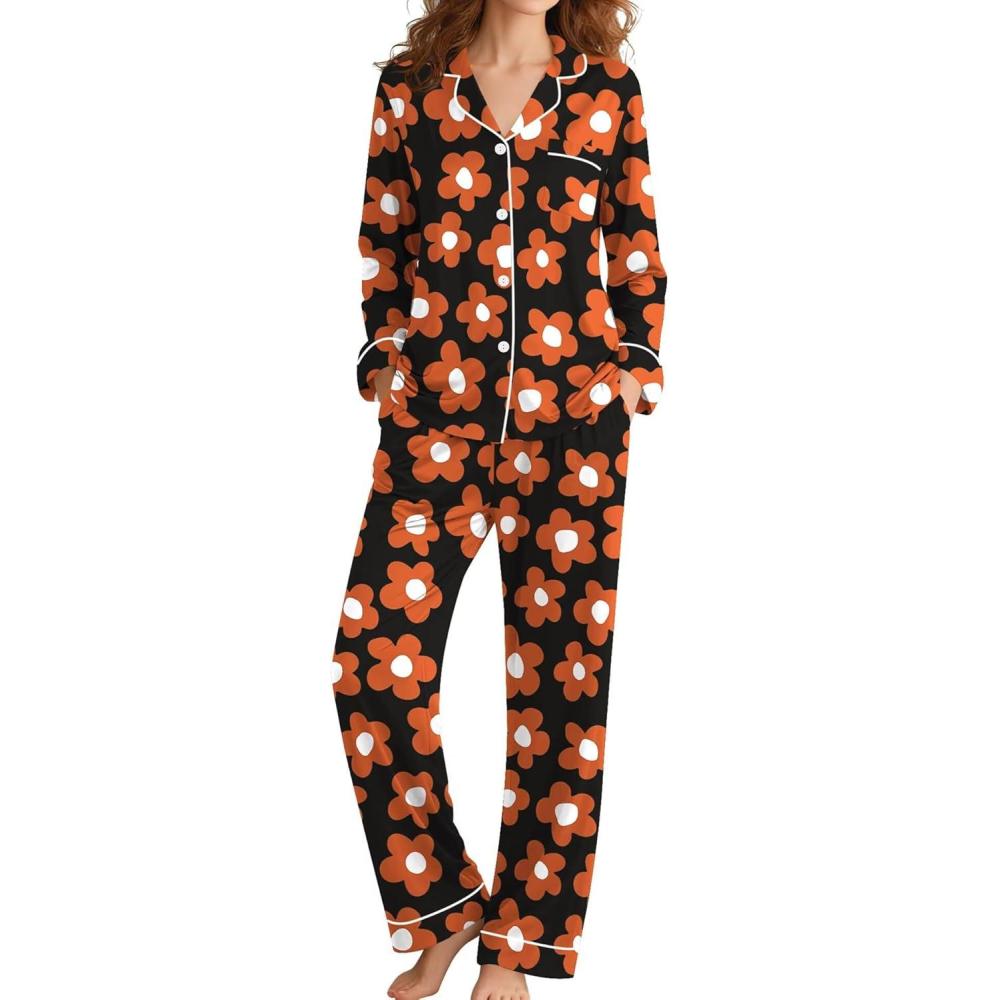 imageSWOMOG Womens Pajamas Set Long Sleeve Sleepwear Button Down Nightwear Soft Cotton Pj Lounge SetsBlack Orange Flower