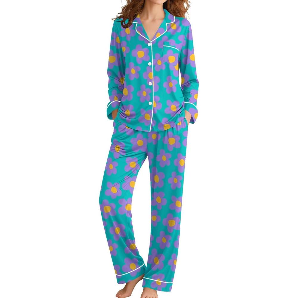 imageSWOMOG Womens Pajamas Set Long Sleeve Sleepwear Button Down Nightwear Soft Cotton Pj Lounge SetsBlue Flower
