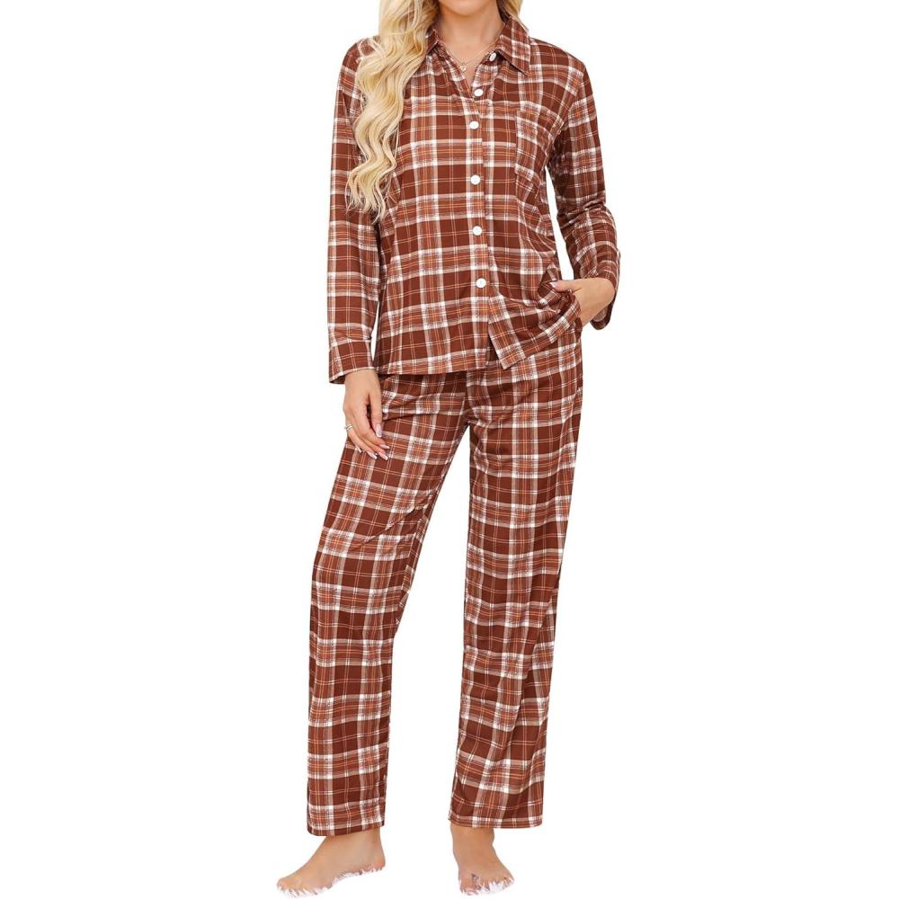imageSWOMOG Womens Pajamas Set Long Sleeve Sleepwear Button Down Nightwear Soft Cotton Pj Lounge SetsBrown White Plaid