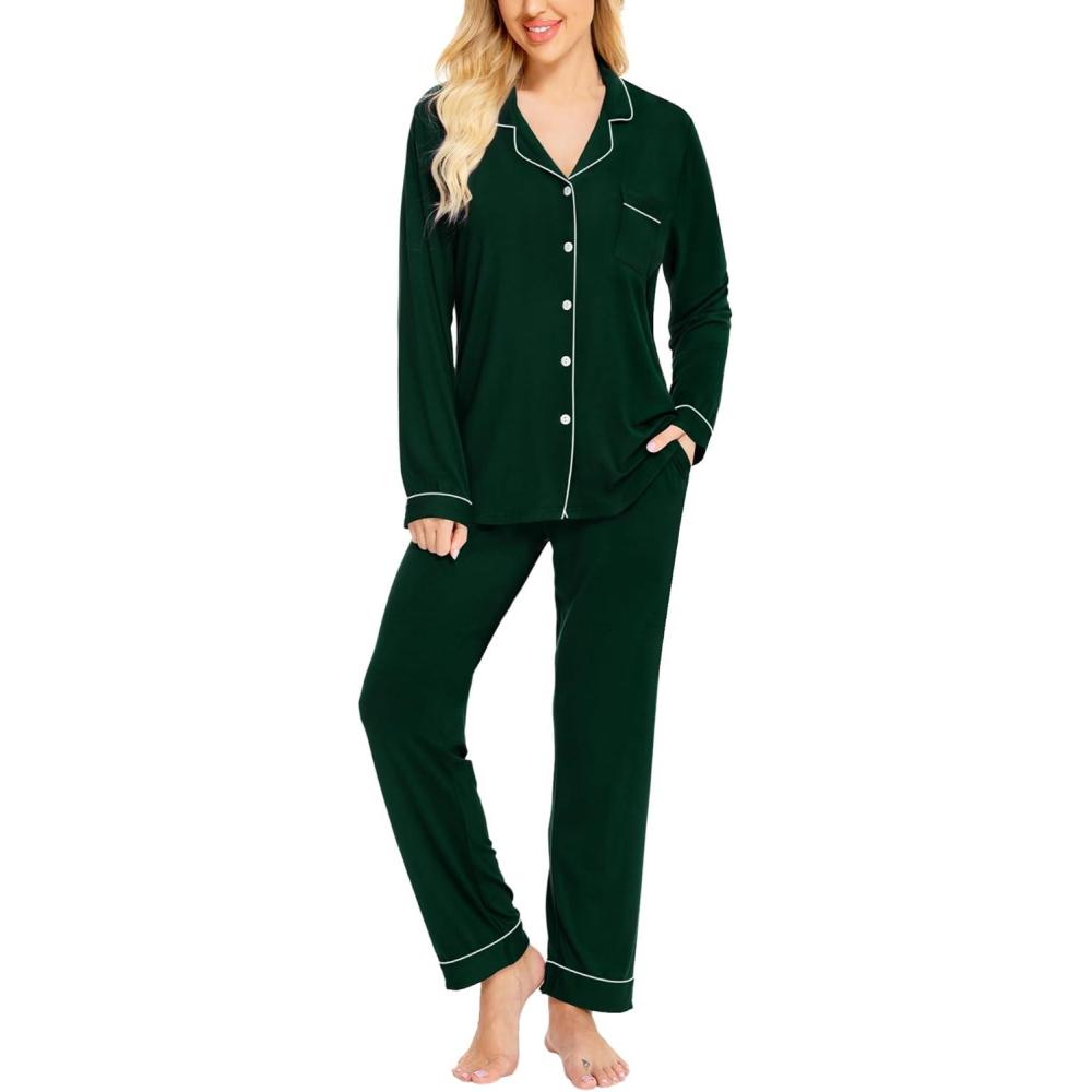 imageSWOMOG Womens Pajamas Set Long Sleeve Sleepwear Button Down Nightwear Soft Cotton Pj Lounge SetsGreen