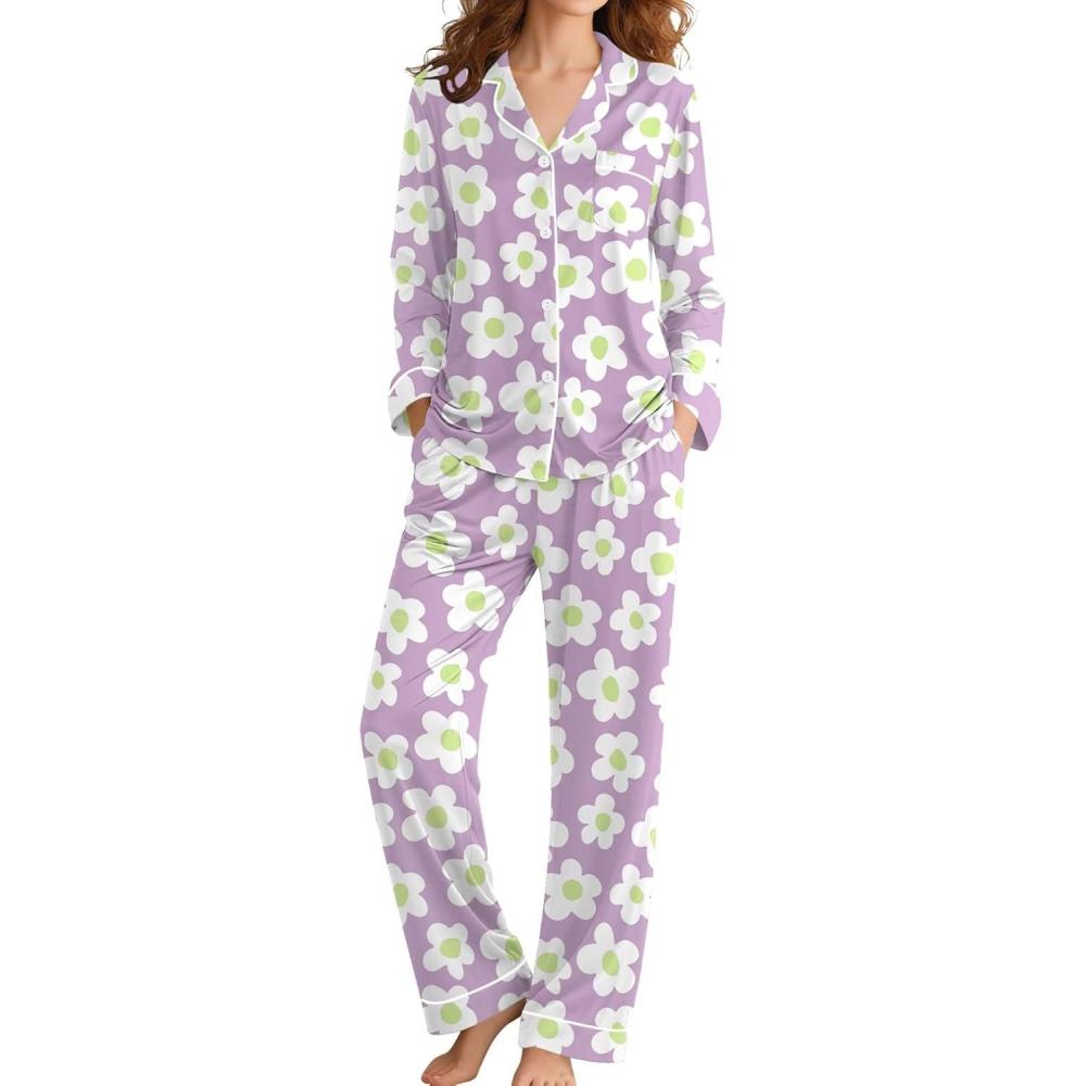 imageSWOMOG Womens Pajamas Set Long Sleeve Sleepwear Button Down Nightwear Soft Cotton Pj Lounge SetsLavender Flower