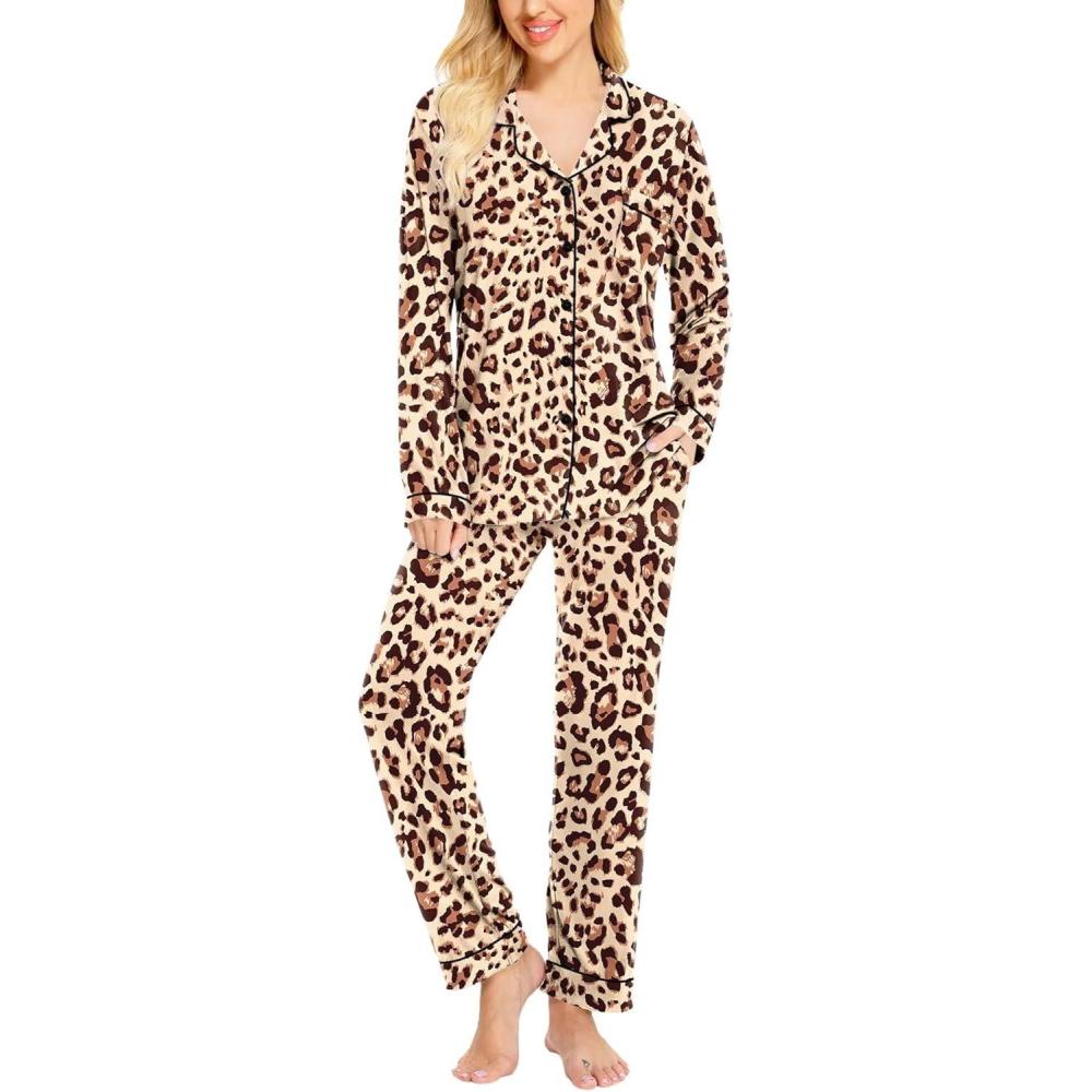 imageSWOMOG Womens Pajamas Set Long Sleeve Sleepwear Button Down Nightwear Soft Cotton Pj Lounge SetsLeopard