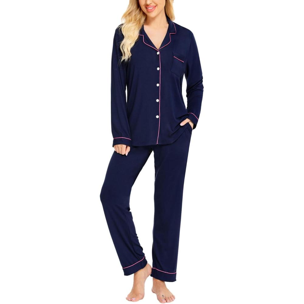 imageSWOMOG Womens Pajamas Set Long Sleeve Sleepwear Button Down Nightwear Soft Cotton Pj Lounge SetsNavy Blue