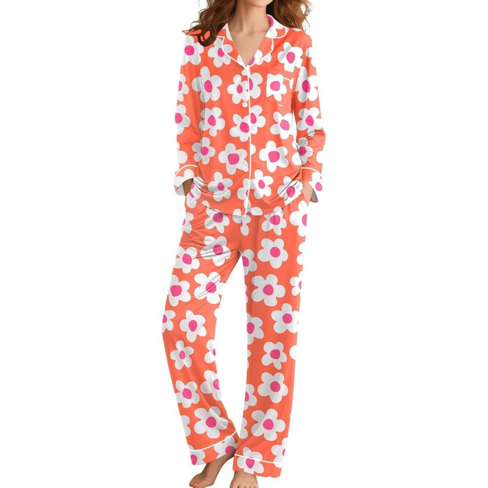 imageSWOMOG Womens Pajamas Set Long Sleeve Sleepwear Button Down Nightwear Soft Cotton Pj Lounge SetsOrange Flower