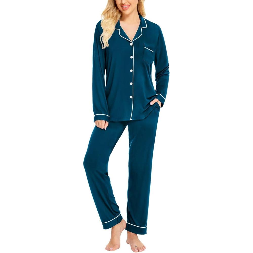 imageSWOMOG Womens Pajamas Set Long Sleeve Sleepwear Button Down Nightwear Soft Cotton Pj Lounge SetsOxford Blue