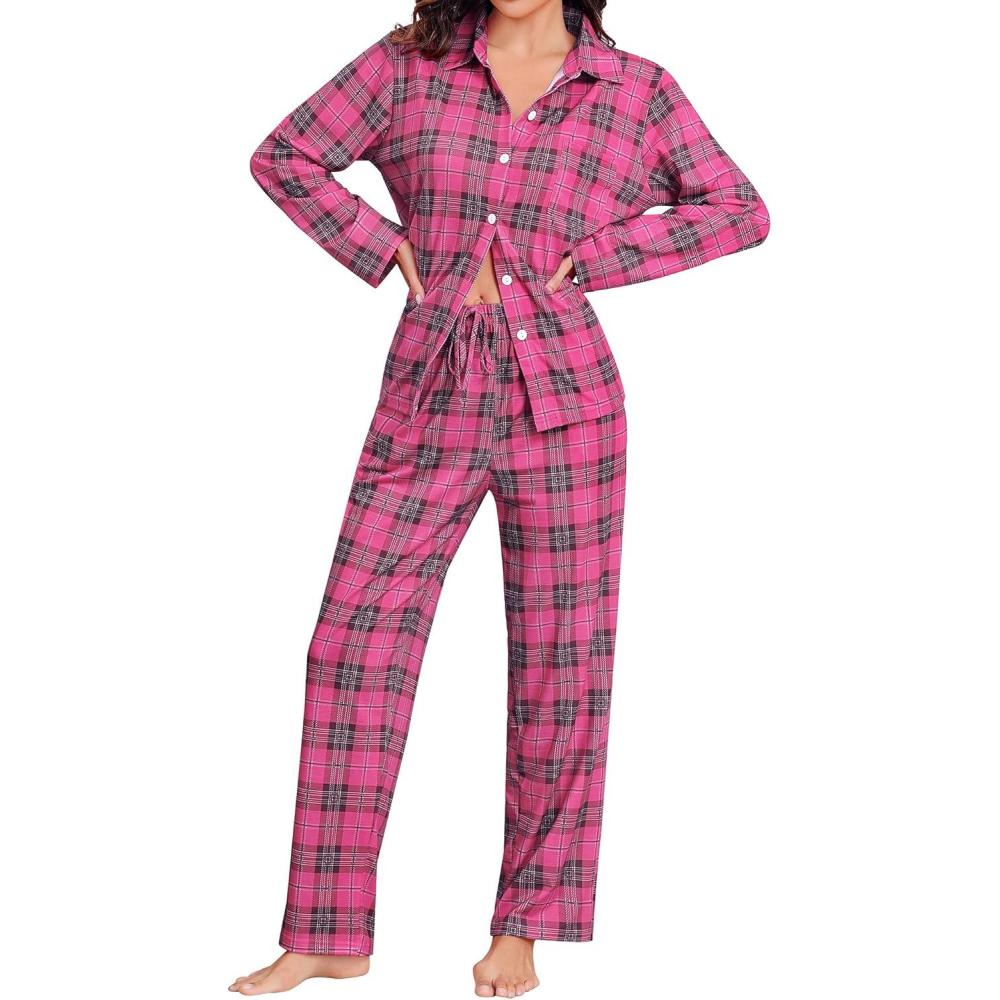 imageSWOMOG Womens Pajamas Set Long Sleeve Sleepwear Button Down Nightwear Soft Cotton Pj Lounge SetsPink Brown Plaid