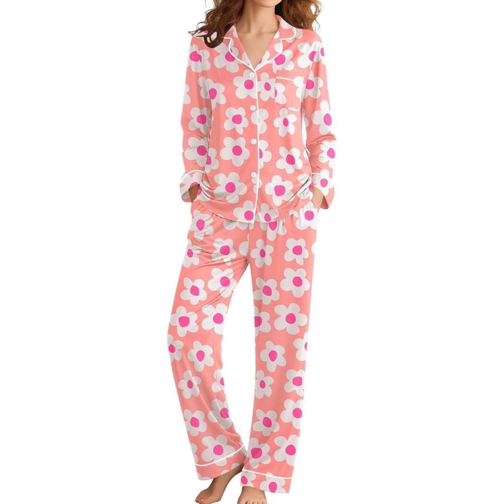 imageSWOMOG Womens Pajamas Set Long Sleeve Sleepwear Button Down Nightwear Soft Cotton Pj Lounge SetsPink Flower