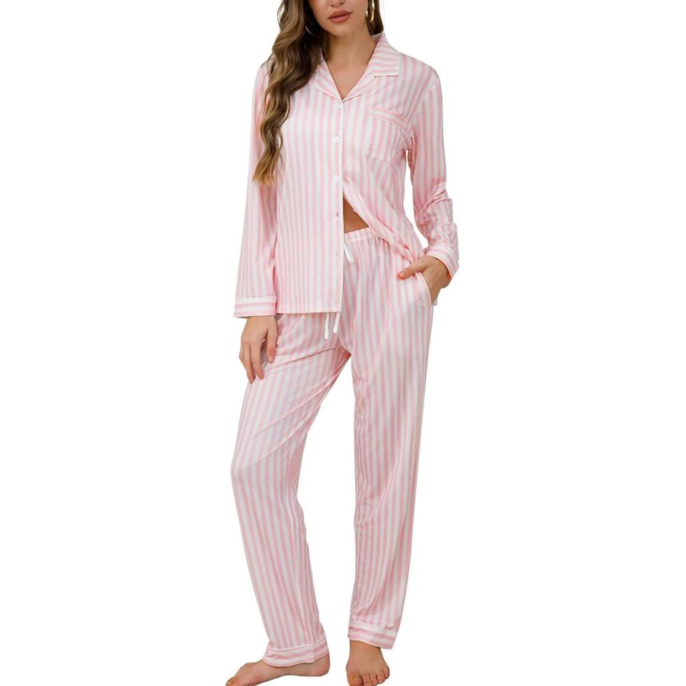 imageSWOMOG Womens Pajamas Set Long Sleeve Sleepwear Button Down Nightwear Soft Cotton Pj Lounge SetsPink Strip