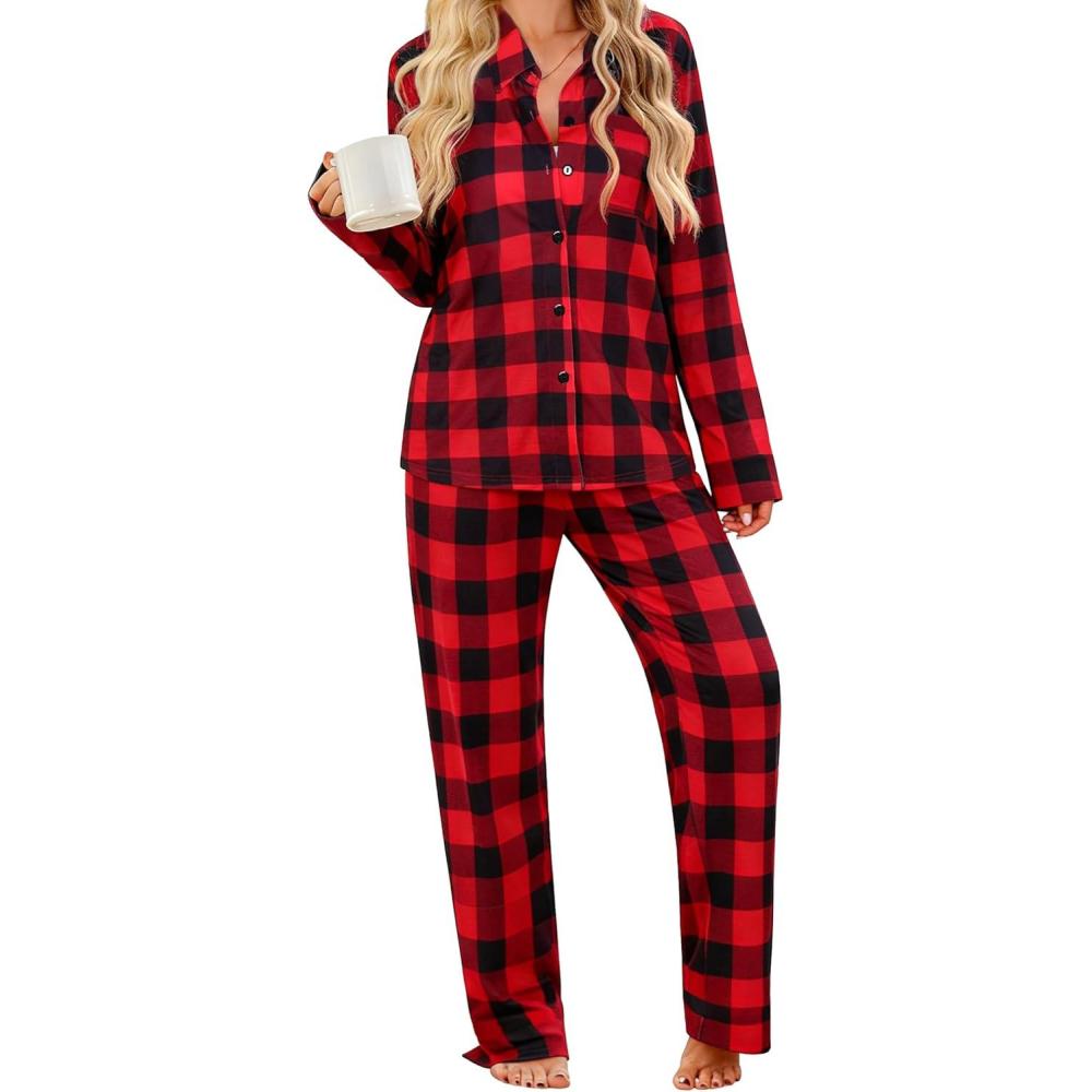 imageSWOMOG Womens Pajamas Set Long Sleeve Sleepwear Button Down Nightwear Soft Cotton Pj Lounge SetsRed Black Plaid