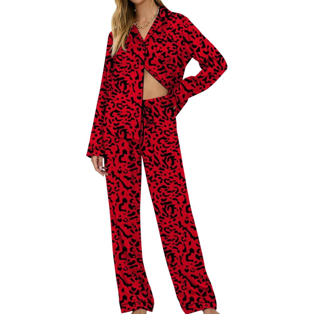 imageSWOMOG Womens Pajamas Set Long Sleeve Sleepwear Button Down Nightwear Soft Cotton Pj Lounge SetsRed Leopard
