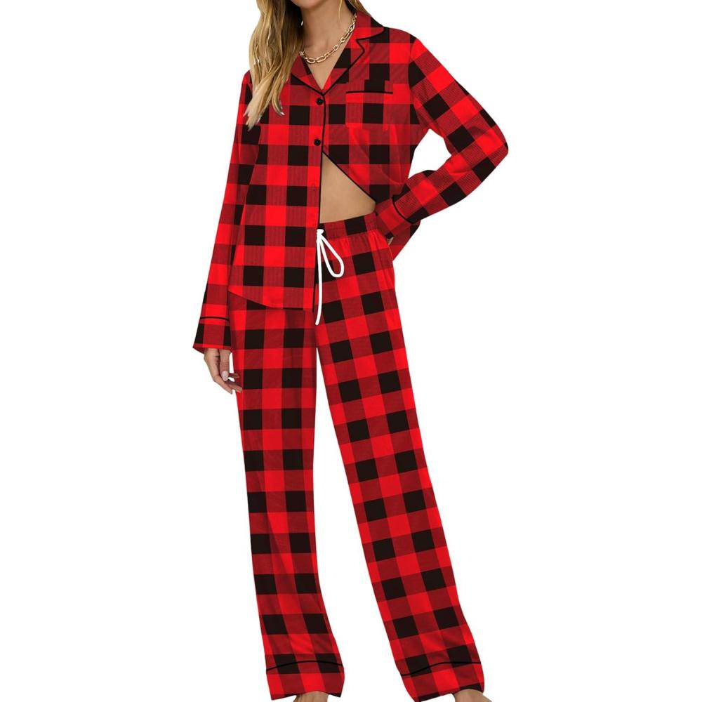 imageSWOMOG Womens Pajamas Set Long Sleeve Sleepwear Button Down Nightwear Soft Cotton Pj Lounge SetsRed Plaid
