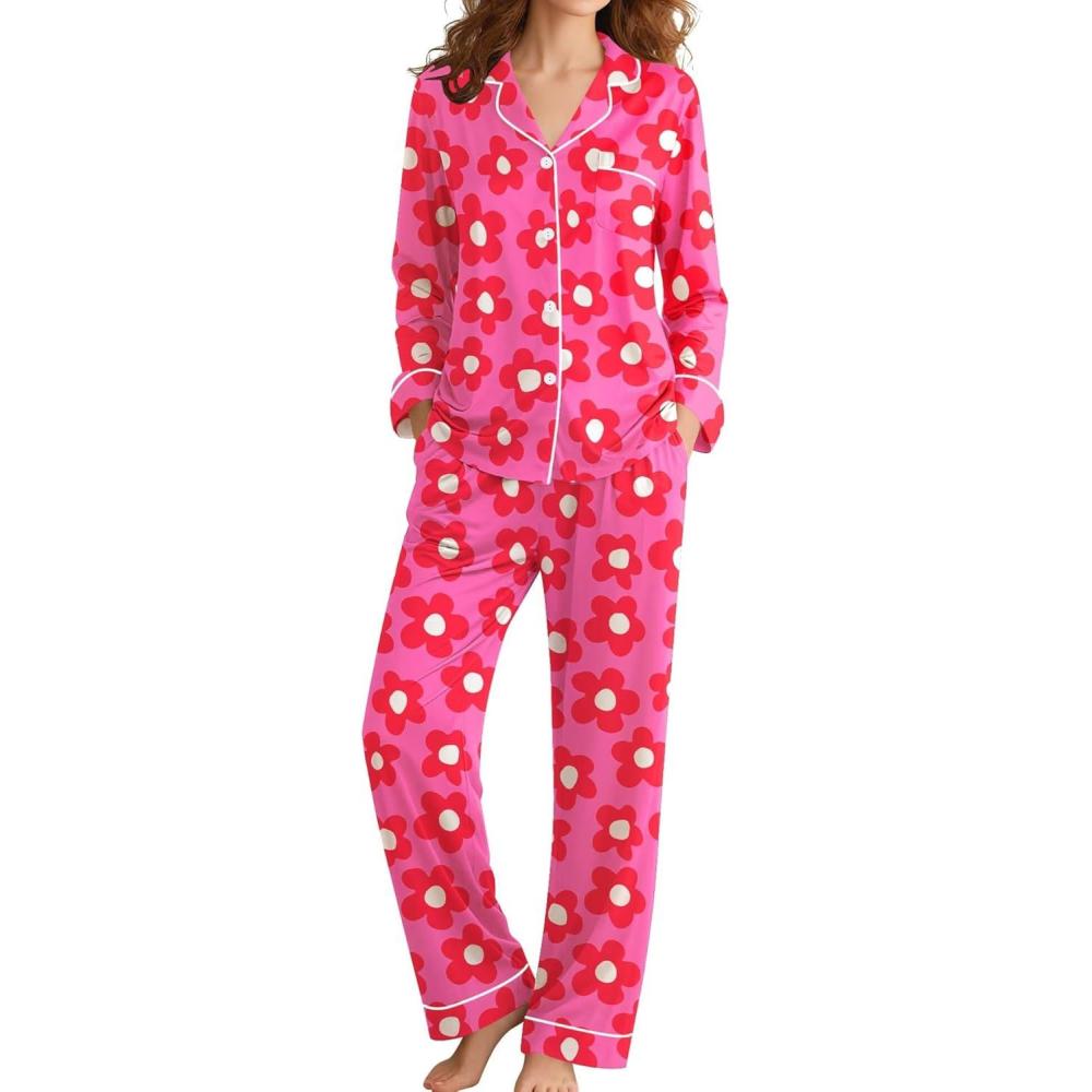 imageSWOMOG Womens Pajamas Set Long Sleeve Sleepwear Button Down Nightwear Soft Cotton Pj Lounge SetsRose Flower