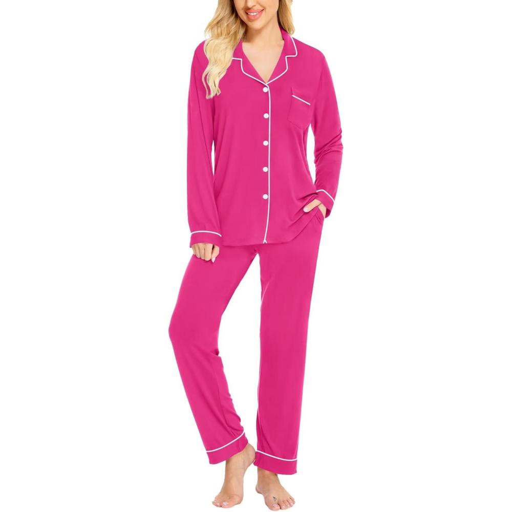 imageSWOMOG Womens Pajamas Set Long Sleeve Sleepwear Button Down Nightwear Soft Cotton Pj Lounge SetsRose Red