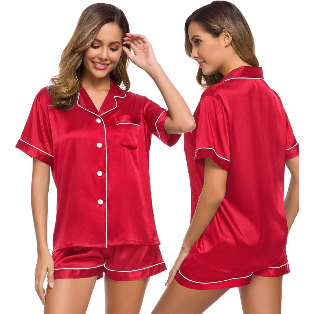 imageSWOMOG Womens Silk Satin Pajamas Set Short Sleeve Sleepwear Button Down Top and Shorts Loungewear 2 Piece Pjs Set XS3XLApple Red