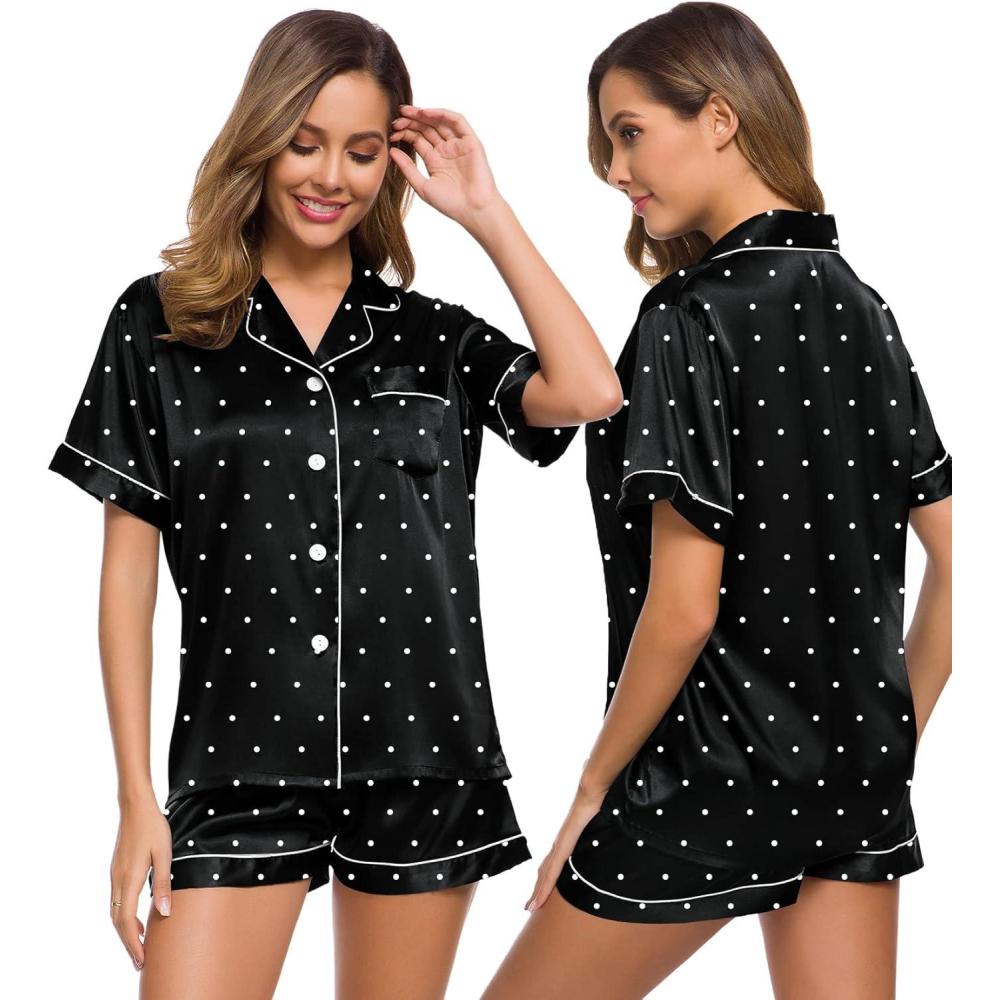 imageSWOMOG Womens Silk Satin Pajamas Set Short Sleeve Sleepwear Button Down Top and Shorts Loungewear 2 Piece Pjs Set XS3XLBlack Dots