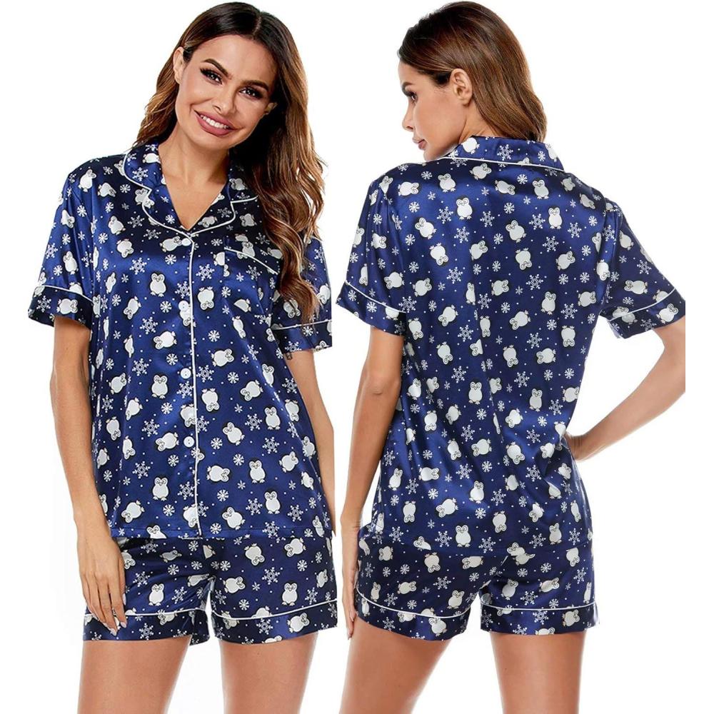 imageSWOMOG Womens Silk Satin Pajamas Set Short Sleeve Sleepwear Button Down Top and Shorts Loungewear 2 Piece Pjs Set XS3XLBlue Penguin