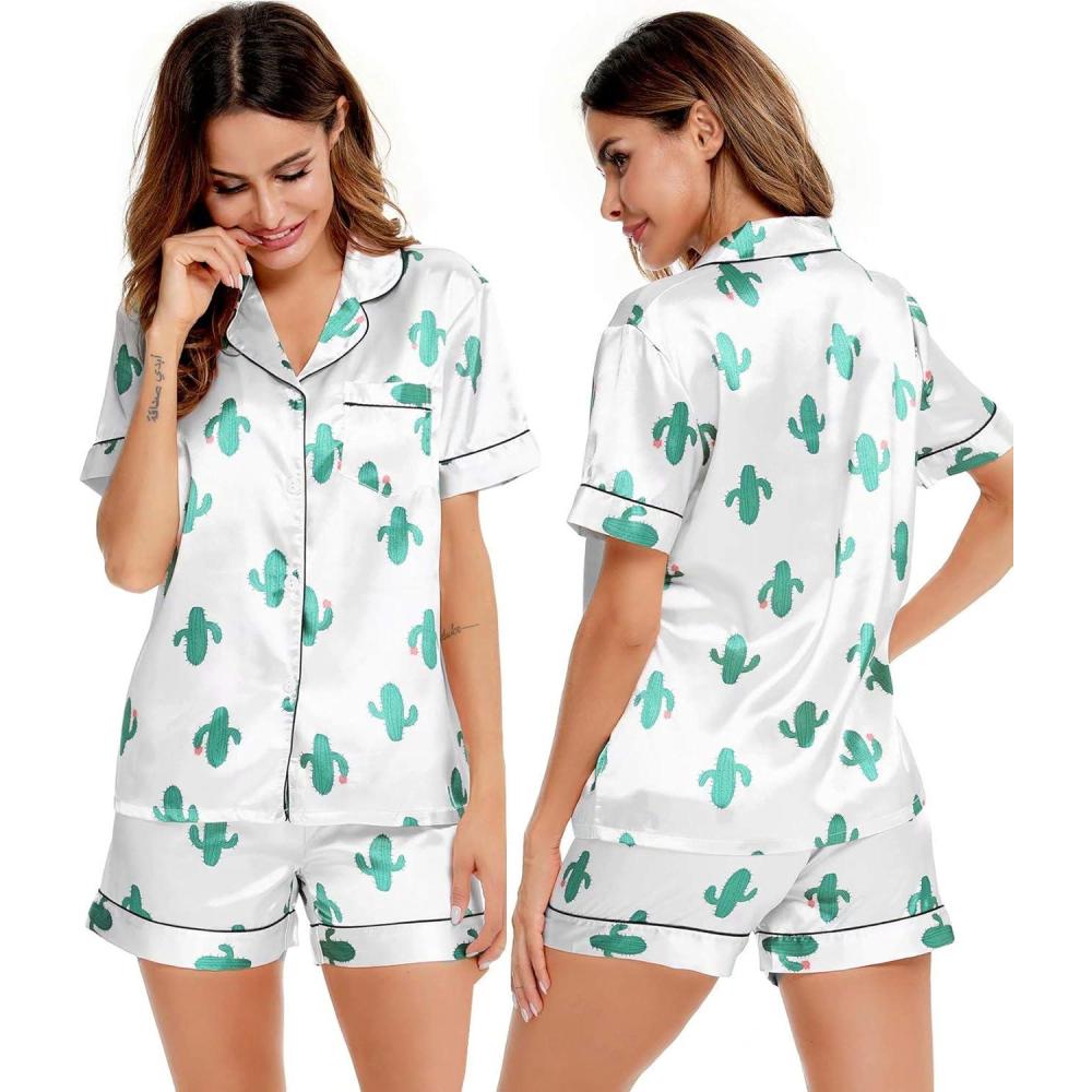 imageSWOMOG Womens Silk Satin Pajamas Set Short Sleeve Sleepwear Button Down Top and Shorts Loungewear 2 Piece Pjs Set XS3XLCactus White