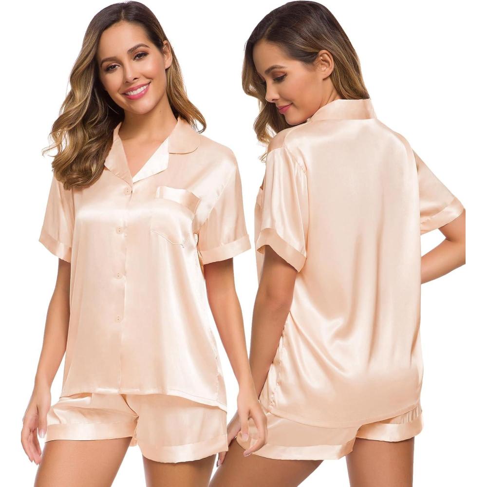 imageSWOMOG Womens Silk Satin Pajamas Set Short Sleeve Sleepwear Button Down Top and Shorts Loungewear 2 Piece Pjs Set XS3XLChampagne Solid