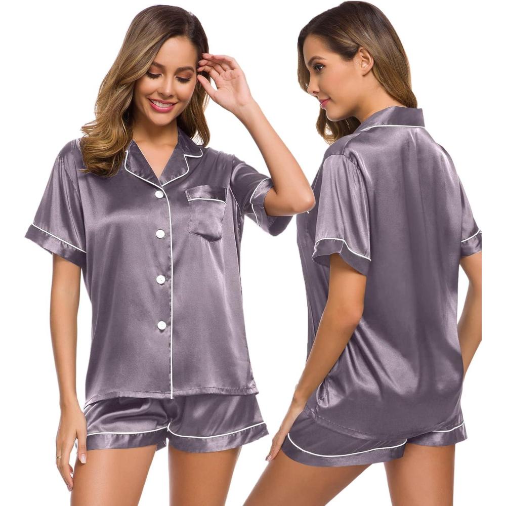 imageSWOMOG Womens Silk Satin Pajamas Set Short Sleeve Sleepwear Button Down Top and Shorts Loungewear 2 Piece Pjs Set XS3XLChestnut