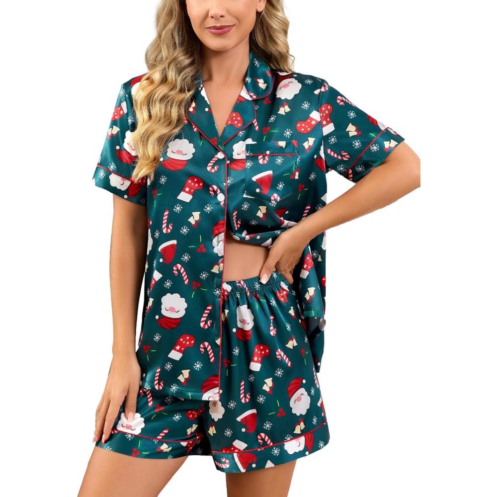 imageSWOMOG Womens Silk Satin Pajamas Set Short Sleeve Sleepwear Button Down Top and Shorts Loungewear 2 Piece Pjs Set XS3XLChristmas Delight Print