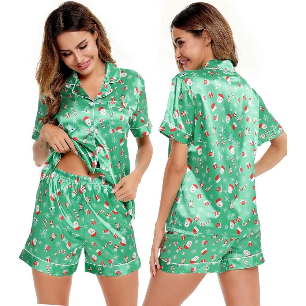 imageSWOMOG Womens Silk Satin Pajamas Set Short Sleeve Sleepwear Button Down Top and Shorts Loungewear 2 Piece Pjs Set XS3XLChristmas Gift Green