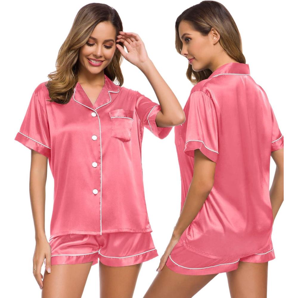 imageSWOMOG Womens Silk Satin Pajamas Set Short Sleeve Sleepwear Button Down Top and Shorts Loungewear 2 Piece Pjs Set XS3XLCoral Red