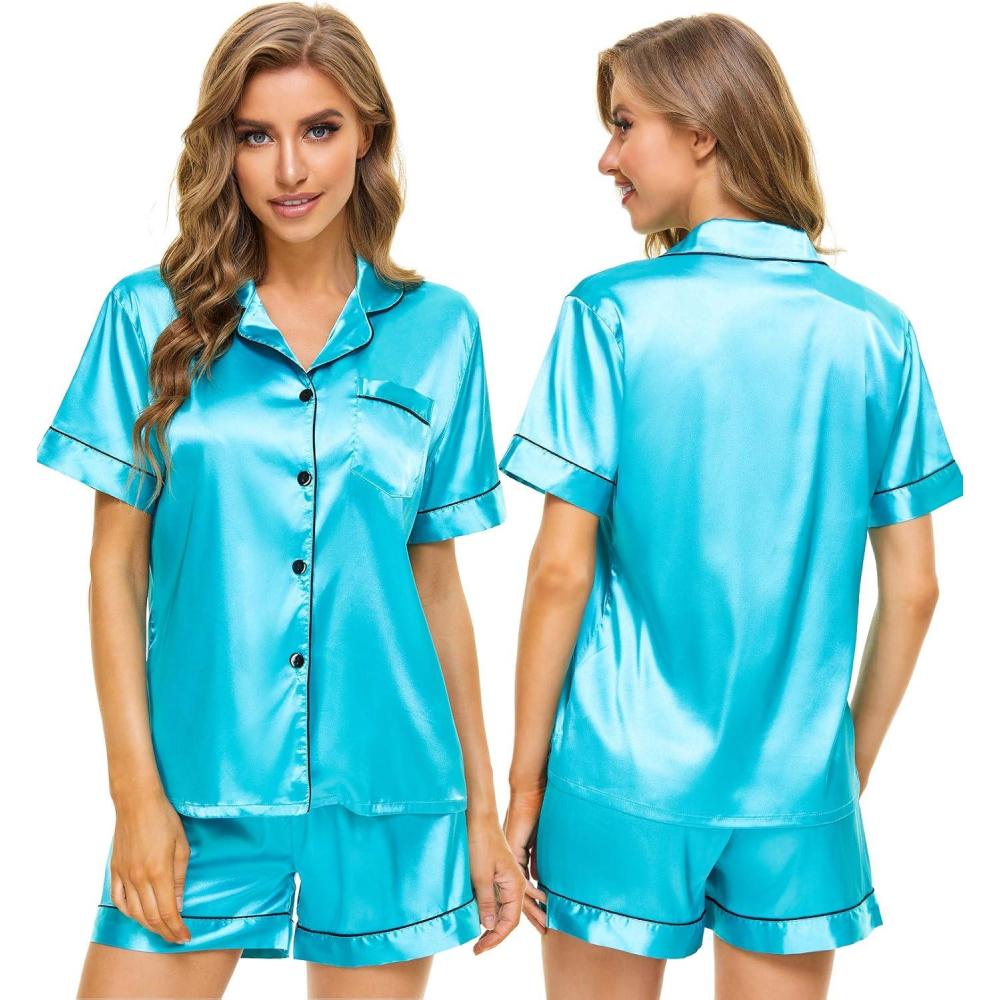 imageSWOMOG Womens Silk Satin Pajamas Set Short Sleeve Sleepwear Button Down Top and Shorts Loungewear 2 Piece Pjs Set XS3XLCyan