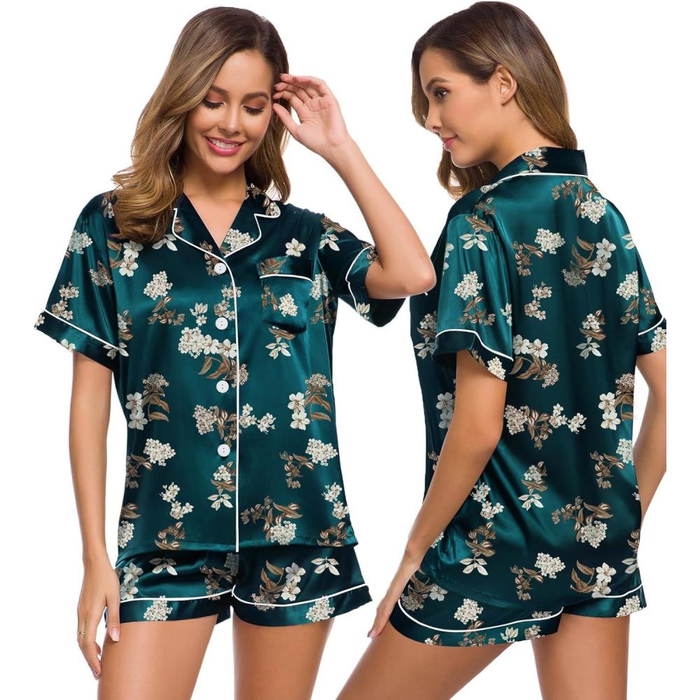 imageSWOMOG Womens Silk Satin Pajamas Set Short Sleeve Sleepwear Button Down Top and Shorts Loungewear 2 Piece Pjs Set XS3XLDeep Green Floral